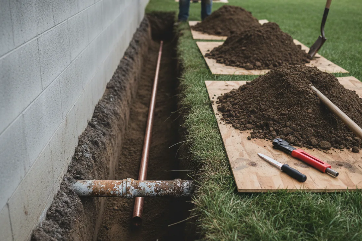 Excavated water line trench during Sewer Line Repair in Richardsville
